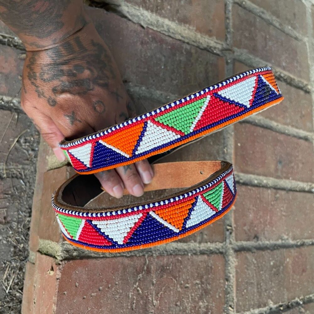 Vintage MASAI Geometric African BEADED Leather BELT 32"-33.5"